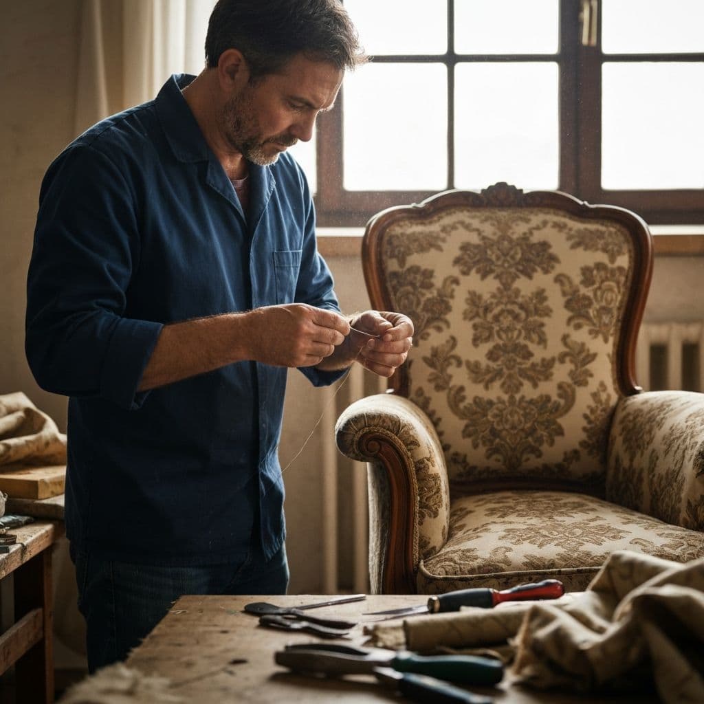 Upholsterer carefully working on fabric furniture