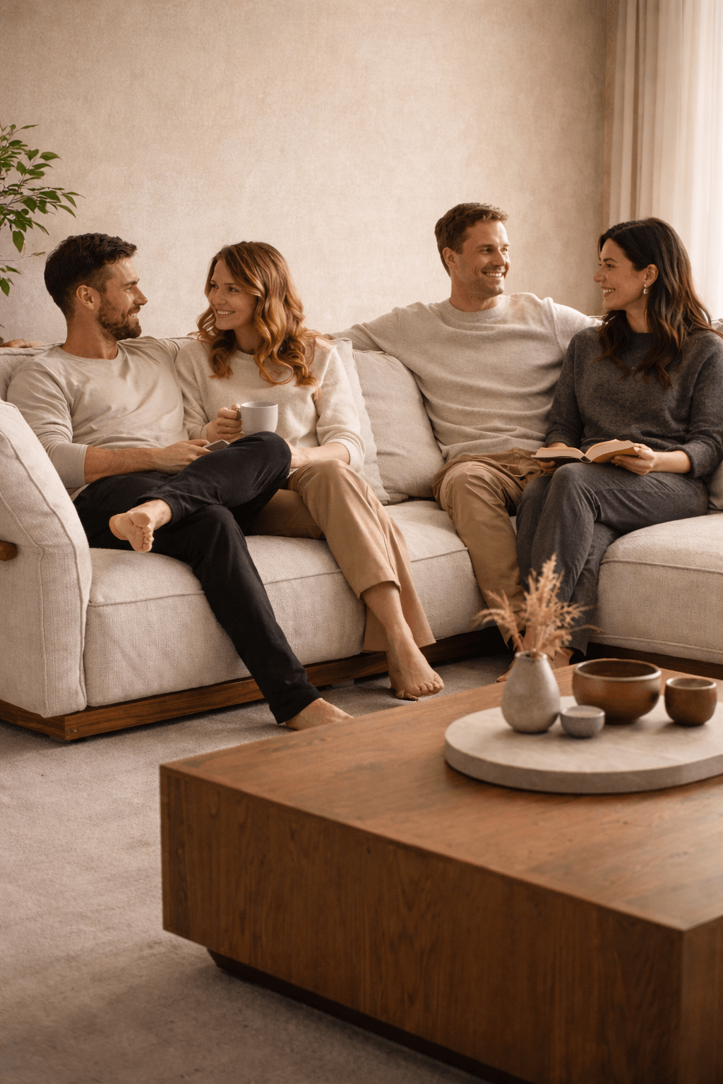 Visitors relaxing on sofas with coffee at The Pilgrim Lounge