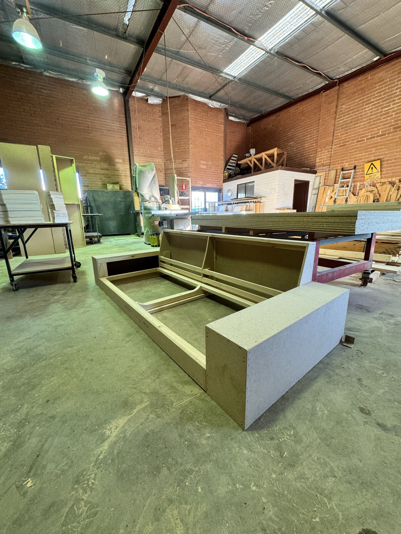 Modern sofa frame from workshop angle